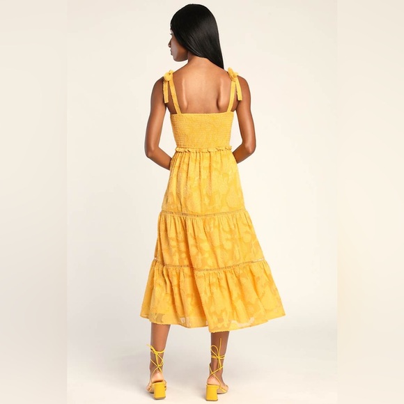 Lulu’s Love Yellow Jacquard Smocked Tie-Strap Midi Dress - Picture 2 of 6